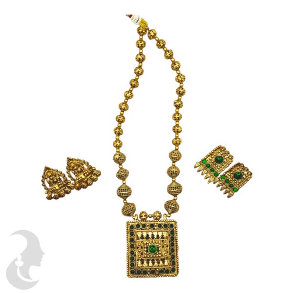 Mid Length Pendant Reversible Necklace- One Side Lakshmi- Green Color Stones Design- Gold Beads Necklace- Two Pairs Of Studs, Product Code: V-2032