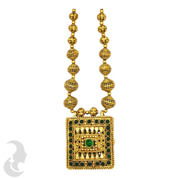 Mid Length Pendant Reversible Necklace- One Side Lakshmi- Green Color Stones Design- Gold Beads Necklace- Two Pairs Of Studs, Product Code: V-2032 - Image 2