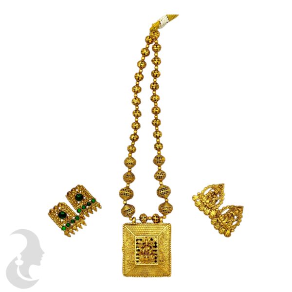 Mid Length Pendant Reversible Necklace- One Side Lakshmi- Green Color Stones Design- Gold Beads Necklace- Two Pairs Of Studs, Product Code: V-2032 - Image 3