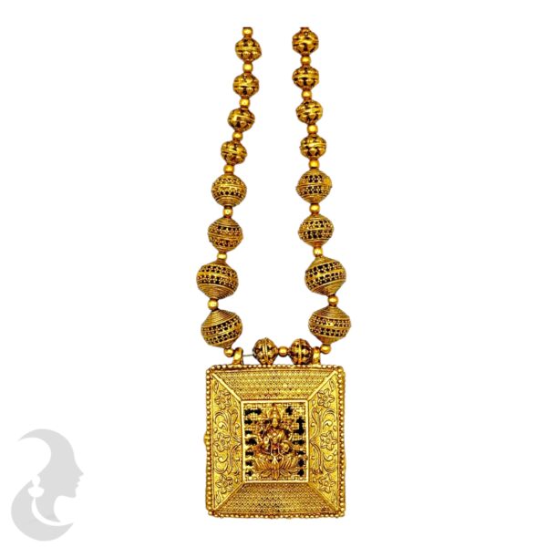 Mid Length Pendant Reversible Necklace- One Side Lakshmi- Green Color Stones Design- Gold Beads Necklace- Two Pairs Of Studs, Product Code: V-2032 - Image 4