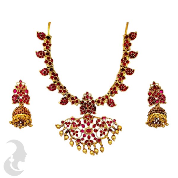 Mango Design Necklace Set- Ruby Color Stones- - Jhumka, Product Code: V-2034