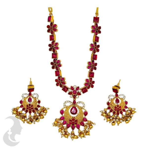 Short Necklace- Ruby Color Stones- Flower Design- Flower Necklace-, Product Code: V-2035