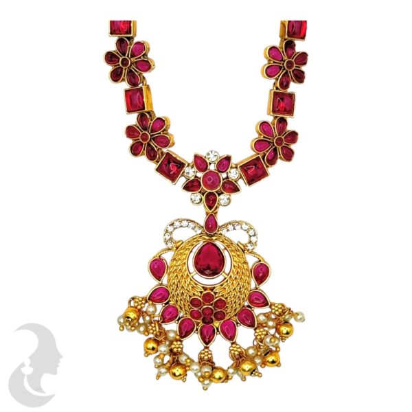 Short Necklace- Ruby Color Stones- Flower Design- Flower Necklace-, Product Code: V-2035 - Image 2