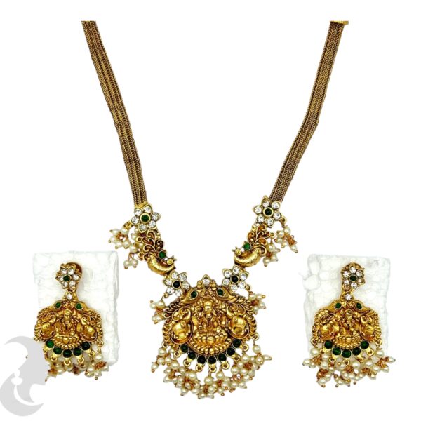 Guttapusalu Lakshmi Peacock Design Necklace- Green Color Stone- Hanging Earrings, Product Code: V-2037