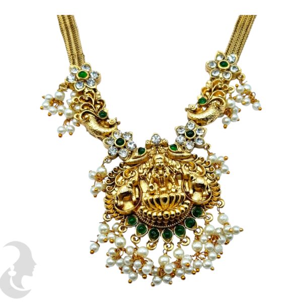 Guttapusalu Lakshmi Peacock Design Necklace- Green Color Stone- Hanging Earrings, Product Code: V-2037 - Image 2