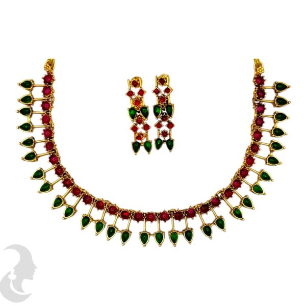 Green & Pink Color Stone Necklace Set- Studs, Product Code: V-2039