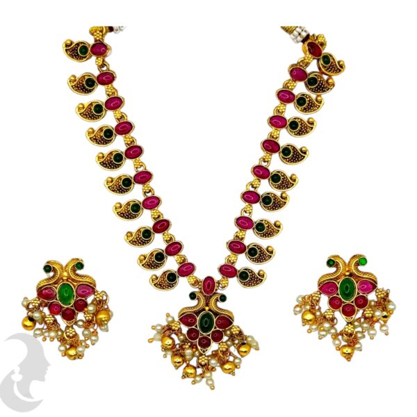 Mango Design Necklace Set- Green & Pink Color Stones- Studs, Product Code: V-2041