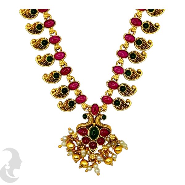 Mango Design Necklace Set- Green & Pink Color Stones- Studs, Product Code: V-2041 - Image 2