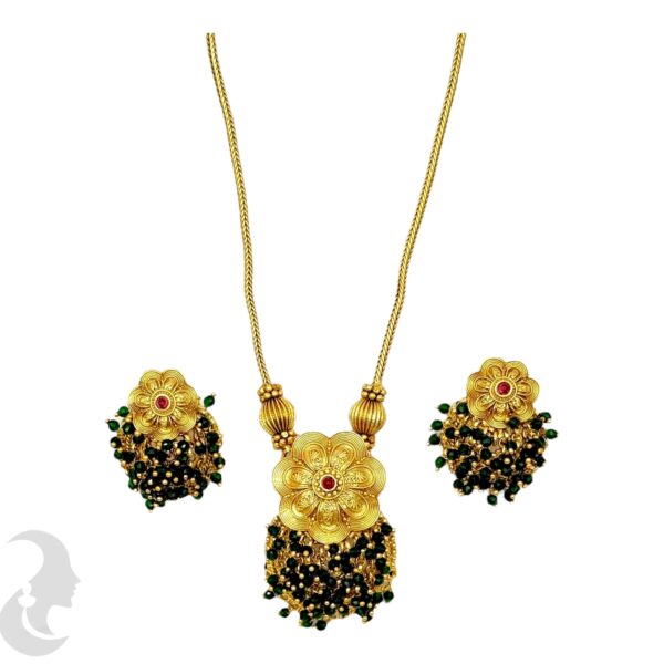 Flower Pendant Set- Green Color Stones- Studs, Product Code: V-2044