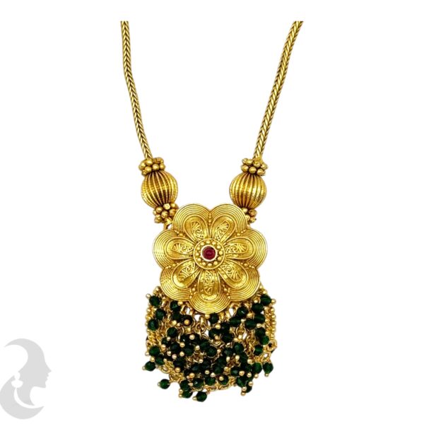 Flower Pendant Set- Green Color Stones- Studs, Product Code: V-2044 - Image 2