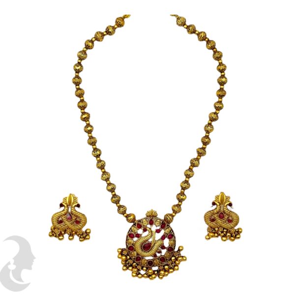 Beads Peacock Design Necklace Set- Ruby Color Stones- Studs, Product Code: V-2045