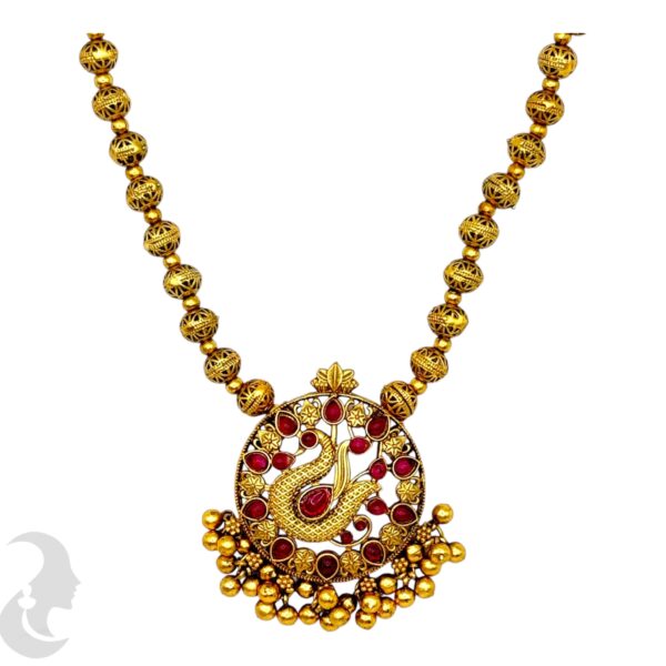 Beads Peacock Design Necklace Set- Ruby Color Stones- Studs, Product Code: V-2045 - Image 2