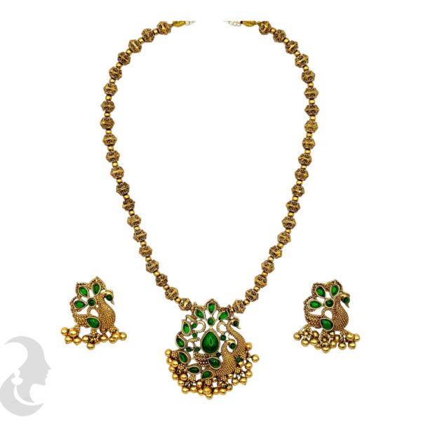 Beads Peacock Design Necklace Set- Green Color Stones- Studs, Product Code: V-2046