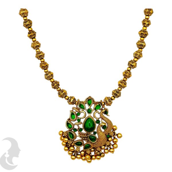 Beads Peacock Design Necklace Set- Green Color Stones- Studs, Product Code: V-2046 - Image 2