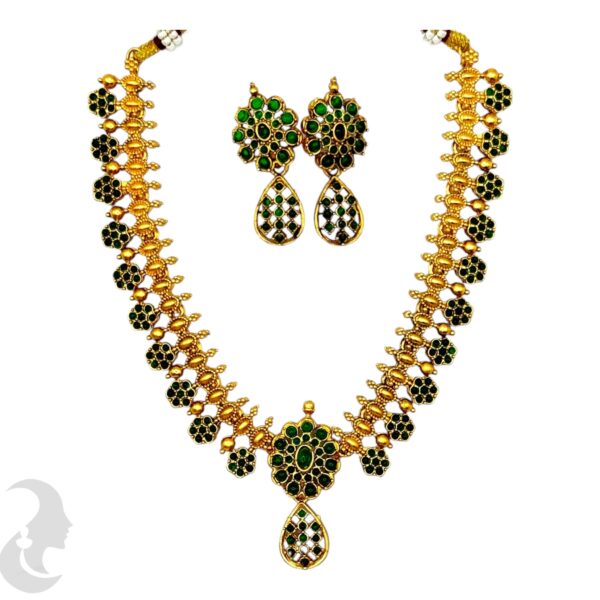 Floral Design Necklace Set-Green Color Stones- Studs, Product Code: V-2047