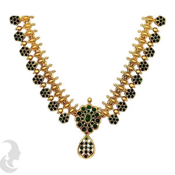 Floral Design Necklace Set-Green Color Stones- Studs, Product Code: V-2047 - Image 2