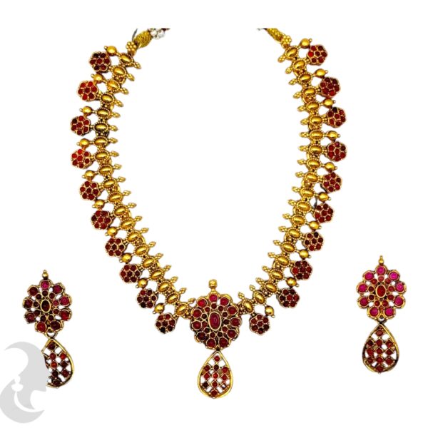 Floral Design Necklace Set- Ruby Color Stones- Studs, Product Code: V-2048