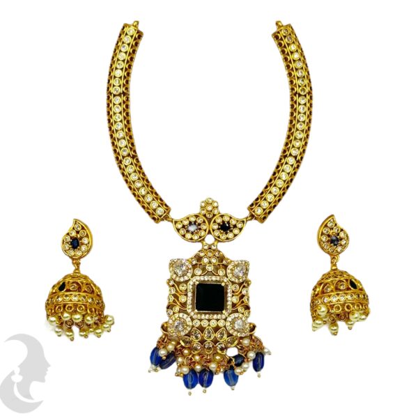 Premium Hasli Necklace Set- Blue Color Victoria Stone- Jhumka, Product Code: V-2049