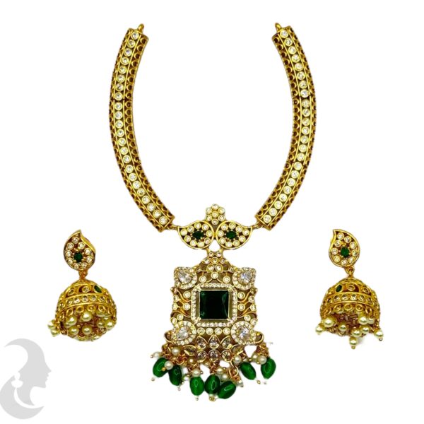 Premium Hasli Necklace Set- Green Color Victoria Stone- Jhumka, Product Code: V-2050