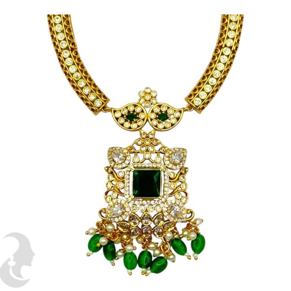 Premium Hasli Necklace Set- Green Color Victoria Stone- Jhumka, Product Code: V-2050 - Image 2