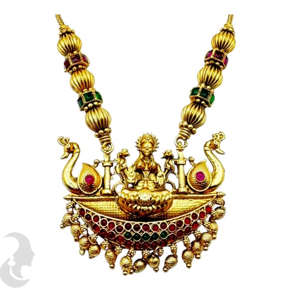 Lakshmi & Peacock Design Pendant- Ruby & Green Color Stones- Jhumka, Product Code: V-2051 - Image 2