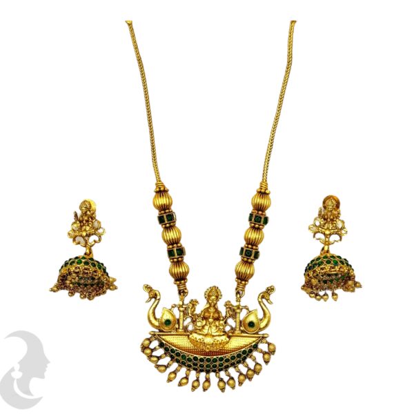 Lakshmi & Peacock Design Pendant- Green Color Stones- Jhumka, Product Code: V-2052