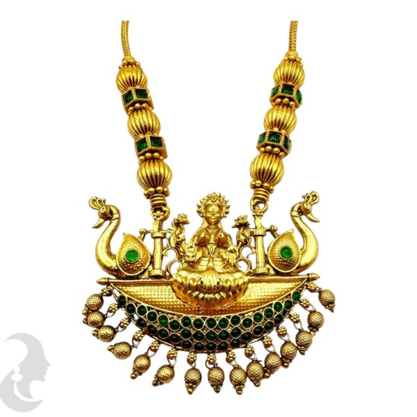 Lakshmi & Peacock Design Pendant- Green Color Stones- Jhumka, Product Code: V-2052 - Image 2