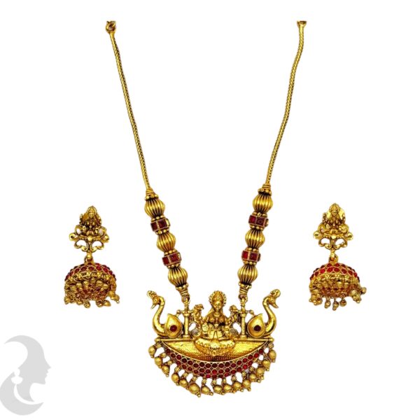 Lakshmi & Peacock Design Pendant- Ruby Color Stones- Jhumka, Product Code: V-2053