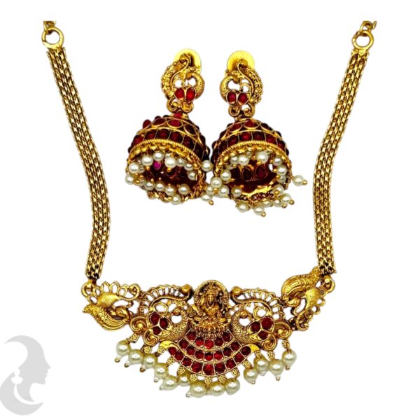 Lakshmi & Peacock Design Choker - Ruby Color Stones- Jhumka, Product Code: V-2055