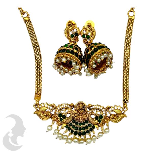 Lakshmi & Peacock Design Choker - Green Color Stones- Jhumka, Product Code: V-2056