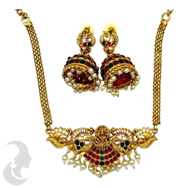 Lakshmi & Peacock Design Choker - Green & Ruby Color Stones- Jhumka, Product Code: V-2057