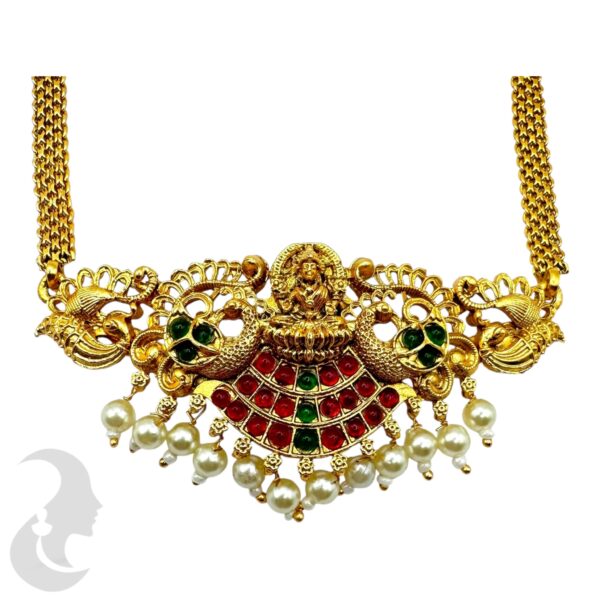 Lakshmi & Peacock Design Choker - Green & Ruby Color Stones- Jhumka, Product Code: V-2057 - Image 2