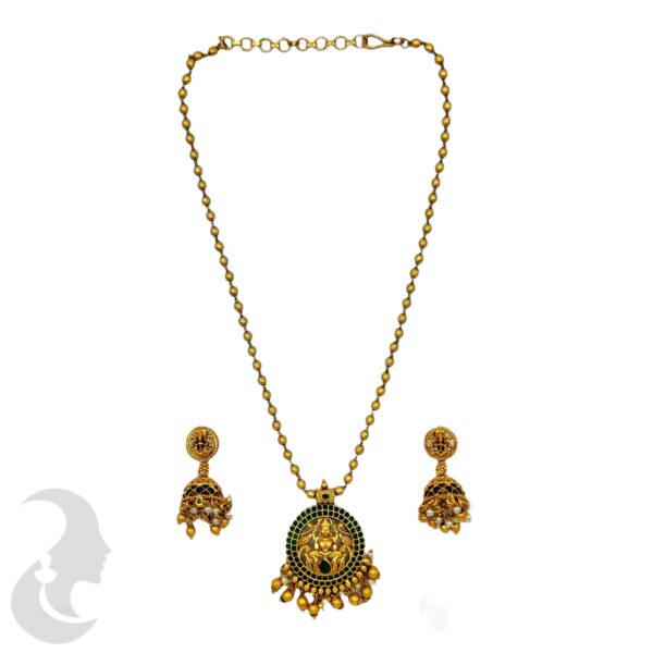 Lakshmi Design Beads Necklace- Green Color Stone- Jhumka, Product Code: V-2058