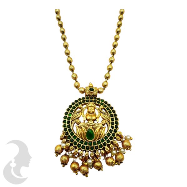 Lakshmi Design Beads Necklace- Green Color Stone- Jhumka, Product Code: V-2058 - Image 2