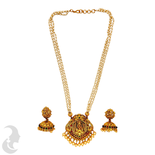 Lakshmi Pendant - Peacock Design- Three Layer Beads Necklace- Ruby  & Green Color Stones- Lakshmi Jhumkas, Product Code: V-1080