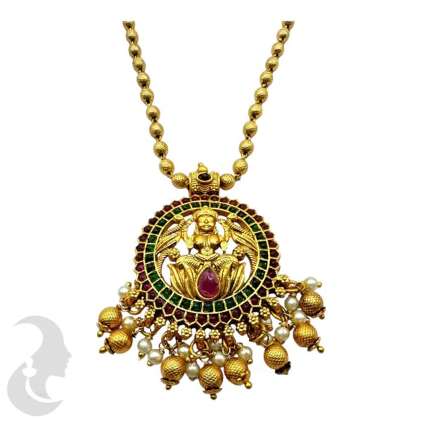 Lakshmi Design Beads Necklace- Green & Ruby Color Stone- Jhumka, Product Code: V-2060 - Image 2