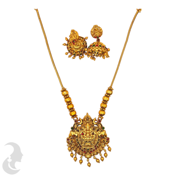 Lakshmi Pendant - Peacock & Elephant Design- Green & Ruby Color Stones- Lakshmi Jhumkas, Product Code: V-1081