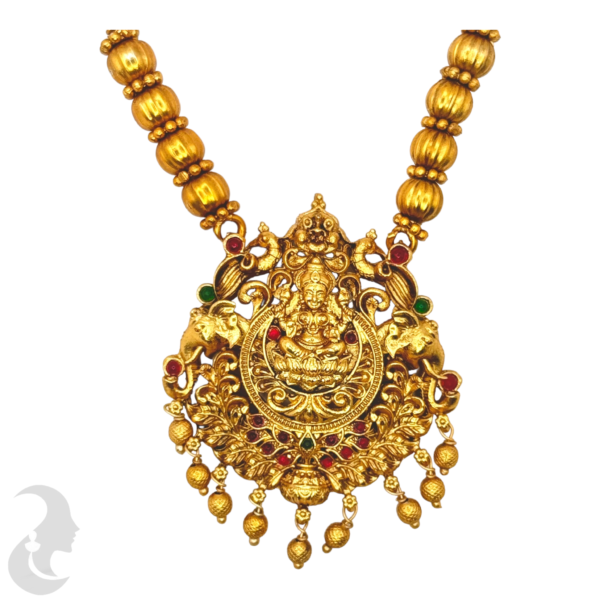 Lakshmi Pendant - Peacock & Elephant Design- Green & Ruby Color Stones- Lakshmi Jhumkas, Product Code: V-1081 - Image 2