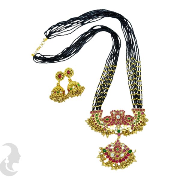 Premium Black Beads Long Necklace, Peacock Design, Ruby & Green Stone Pendant- Jhumka, Product Code: V-2070