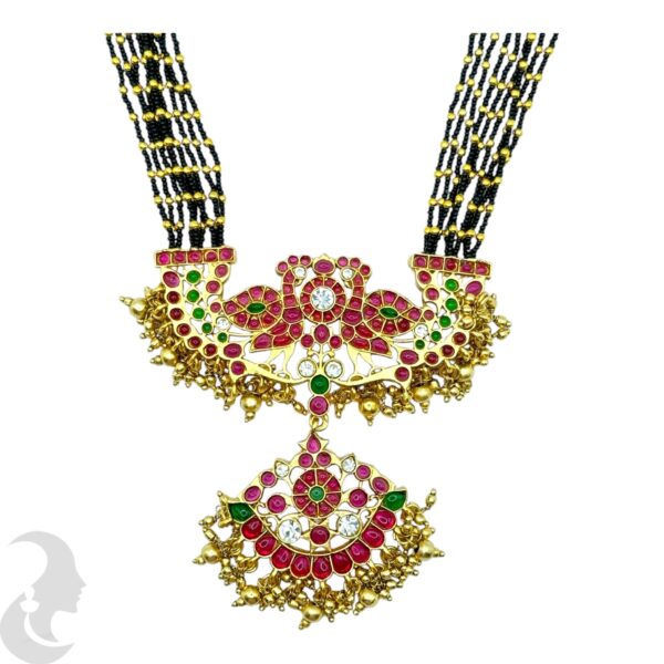 Premium Black Beads Long Necklace, Peacock Design, Ruby & Green Stone Pendant- Jhumka, Product Code: V-2070 - Image 2