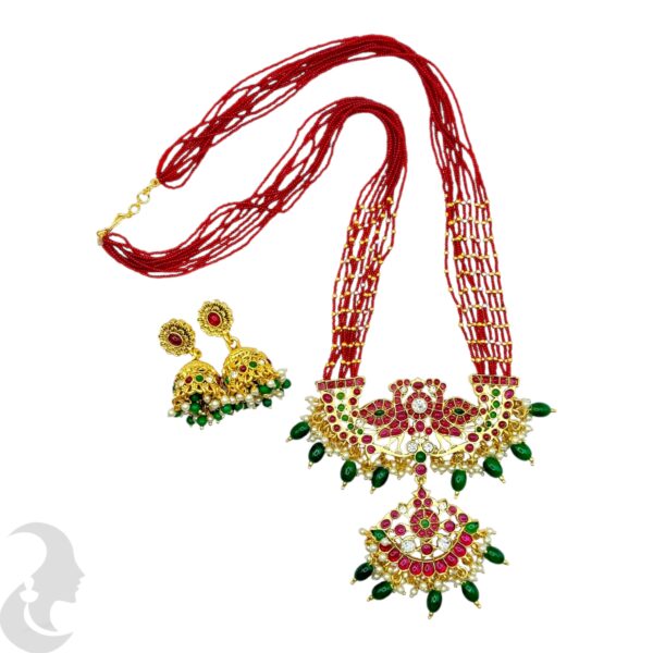 Premium Red Beads Long Necklace, Peacock Design, Ruby & Green Stone Pendant, Green Beads Hangings- Jhumka, Product Code: V-2071