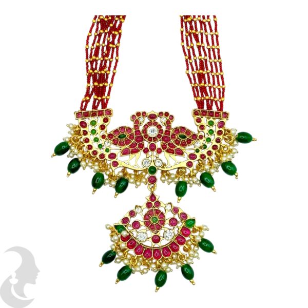 Premium Red Beads Long Necklace, Peacock Design, Ruby & Green Stone Pendant, Green Beads Hangings- Jhumka, Product Code: V-2071 - Image 2