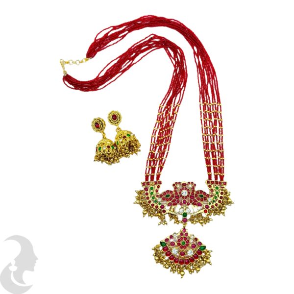 Premium Red Beads Long Necklace, Peacock Design, Ruby & Green Stone Pendant- Jhumka, Product Code: V-2072