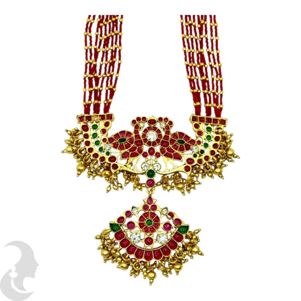 Premium Red Beads Long Necklace, Peacock Design, Ruby & Green Stone Pendant- Jhumka, Product Code: V-2072 - Image 2