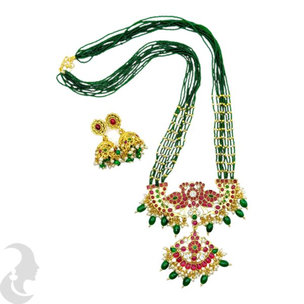 Premium Green Beads Long Necklace, Peacock Design, Ruby & Green Stone Pendant- Jhumka, Product Code: V-2073