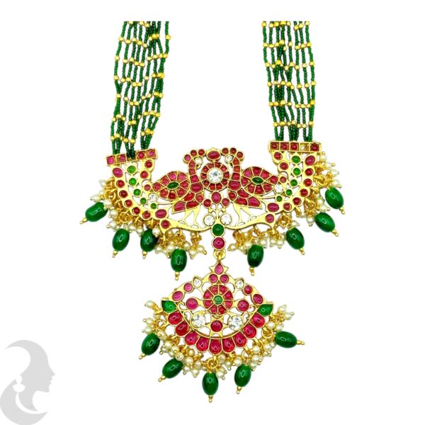 Premium Green Beads Long Necklace, Peacock Design, Ruby & Green Stone Pendant- Jhumka, Product Code: V-2073 - Image 2