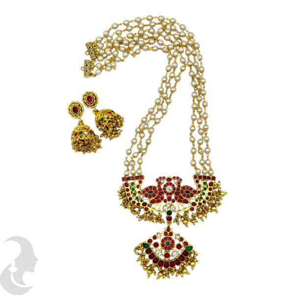 Premium Pearl Long Necklace, Peacock Design, Ruby & Green Stone Pendant- Jhumka, Product Code: V-2074