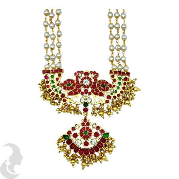 Premium Pearl Long Necklace, Peacock Design, Ruby & Green Stone Pendant- Jhumka, Product Code: V-2074 - Image 2