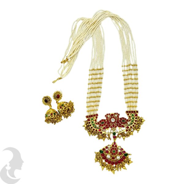 Premium White Beads Long Necklace, Peacock Design, Ruby & Green Stone Pendant- Jhumka, Product Code: V-2075