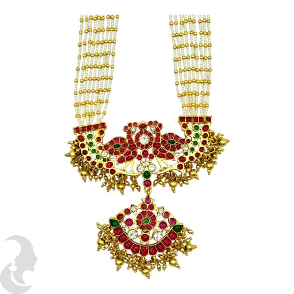 Premium White Beads Long Necklace, Peacock Design, Ruby & Green Stone Pendant- Jhumka, Product Code: V-2075 - Image 2